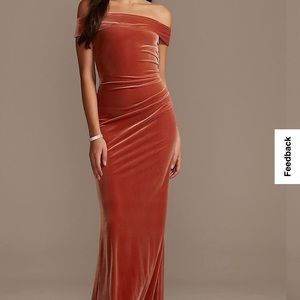 David’s Bridal VELVET OFF-THE-SHOULDER DRESS Cinnamon, Sz12, NWT
